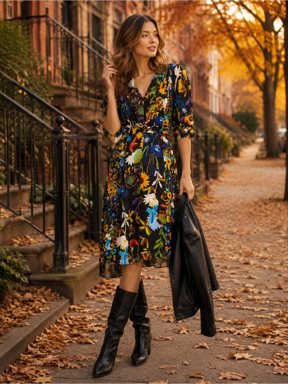 Ronny Kobo Collection Black Floral Wrap Midi Dress